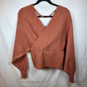 Love‎ Tree Ribbed Knit Wrap Sweater Women's M Rust Brown Cropped Long Sleeve